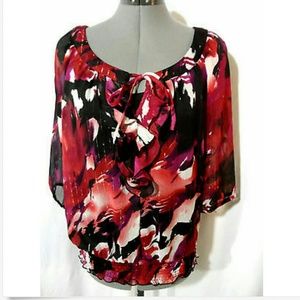 AGB Chiffon Watercolor Floral Blouse S Red Purple Black sheer top Cami lined